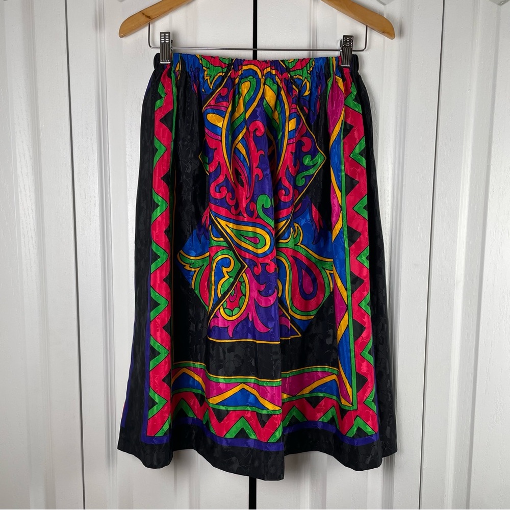Vintage Megan Moore Pleated Pull on Skirt Womens 4 Colorful Silky Geometric Midi - Picture 6 of 13